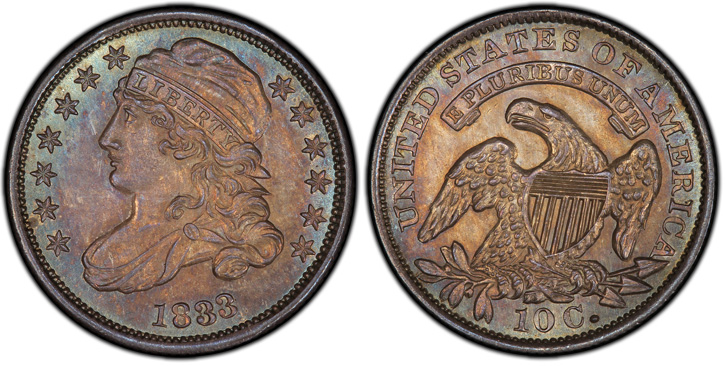 1833 Capped Bust Dime. JR-5. Last 3 High. MS-66 (PCGS).